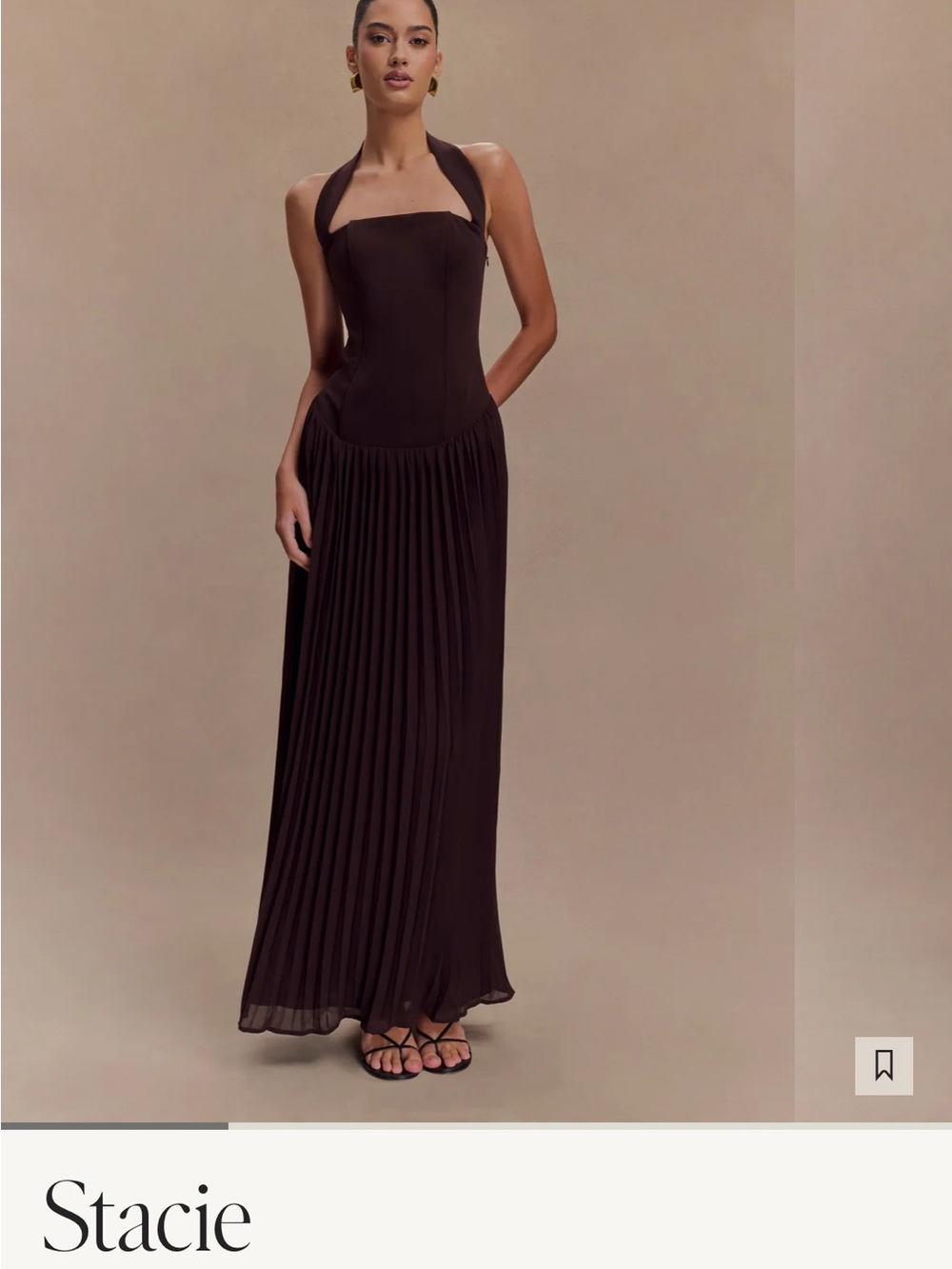 Meshki Dark Brown Halter Pleated Maxi Dress